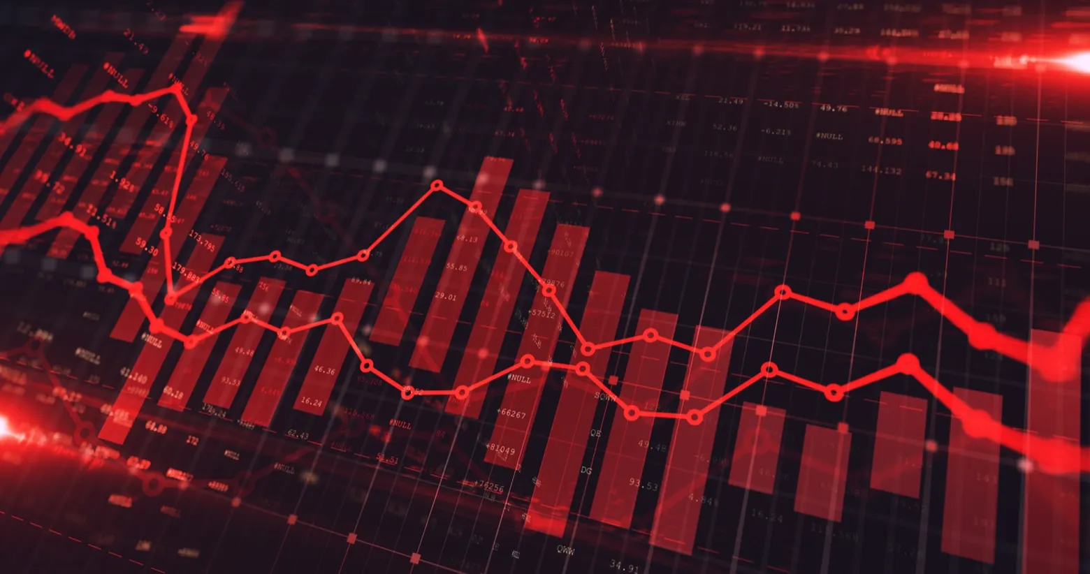 Red market chart with candlesticks and a trend line